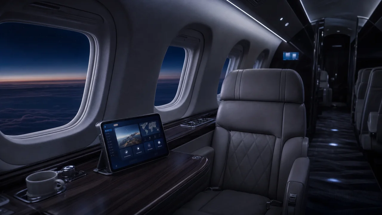 Connected private business jet cabin with a tablet displaying inflight internet services